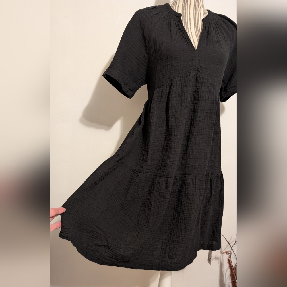 Gap Black Short Sleeve Dress Women's XS  V Neck Cotton Loose Fitting Nwt - Picture 5 of 16
